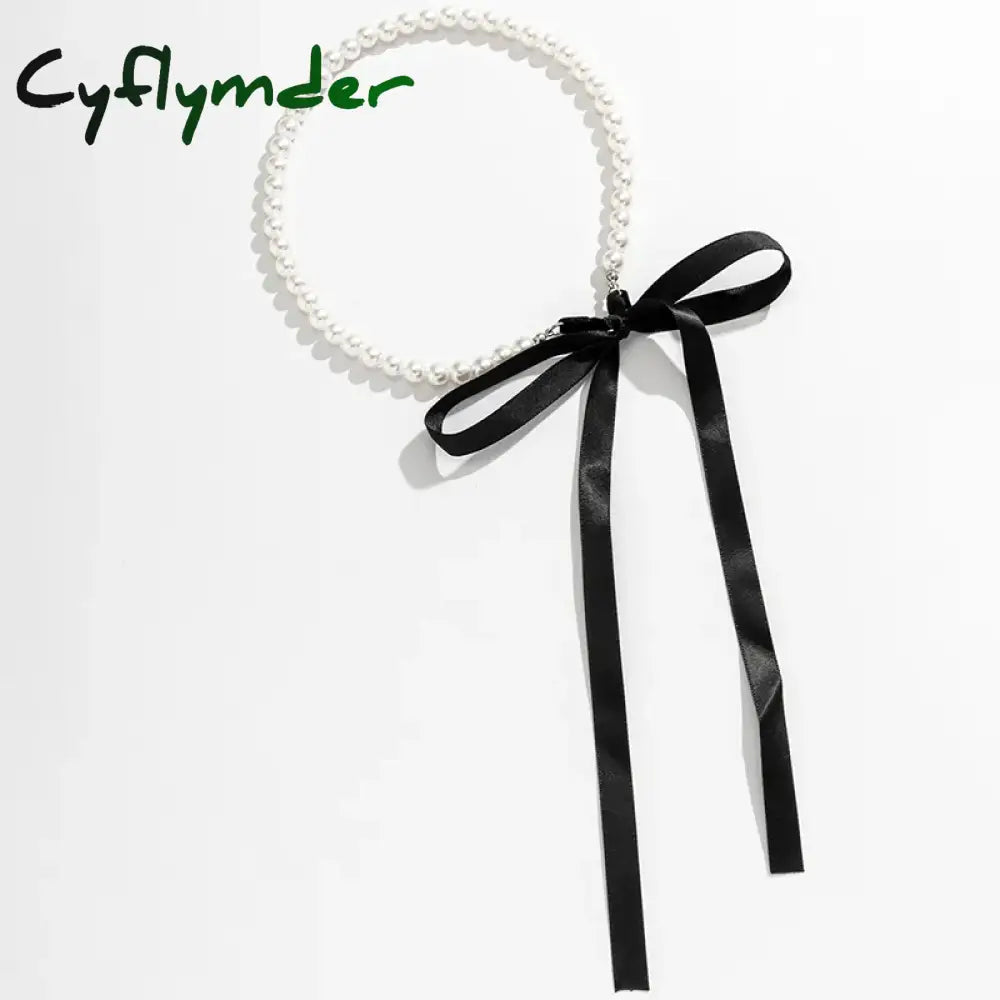 Cyflymder Trend Wedding Party Jewelry Long Black Ribbon Choker Necklace For Women Elegant White