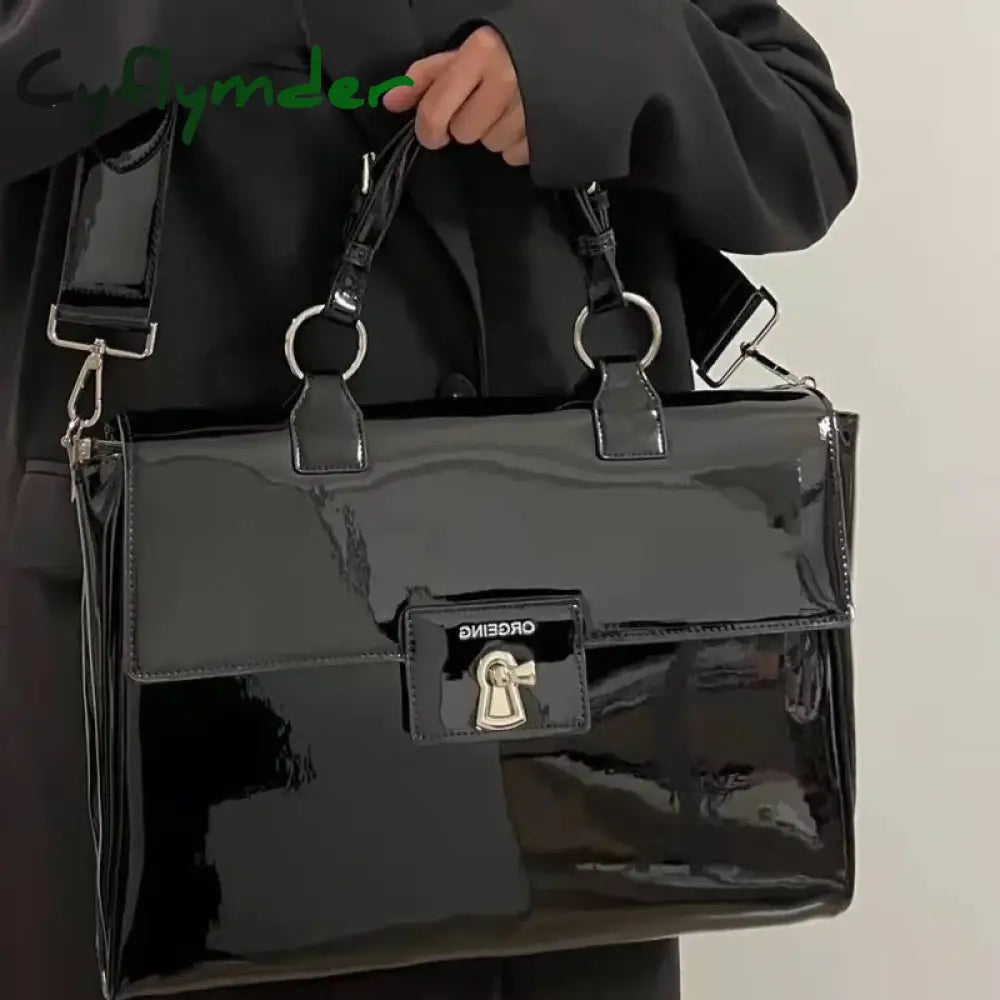 Cyflymder Trendy Female Briefcase Cool Patent Leather Shoulder Laptop Bag Women Large Capacity