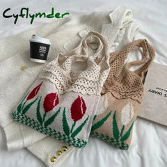 Cyflymder Tulip Knitted Bag Retro Flower Shoulder Woolen Braid Handbag Fashion Art Chic Summer