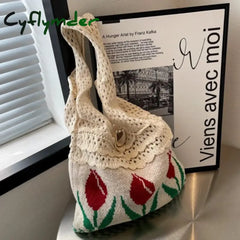 Cyflymder Tulip Knitted Bag Retro Flower Shoulder Woolen Braid Handbag Fashion Art Chic Summer