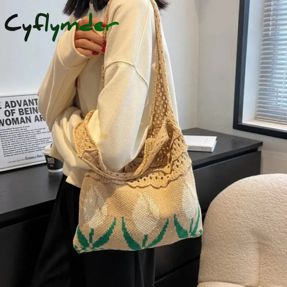 Cyflymder Tulip Knitted Bag Retro Flower Shoulder Woolen Braid Handbag Fashion Art Chic Summer