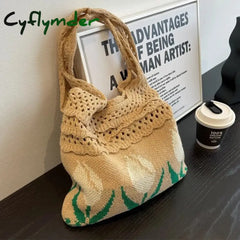 Cyflymder Tulip Knitted Bag Retro Flower Shoulder Woolen Braid Handbag Fashion Art Chic Summer