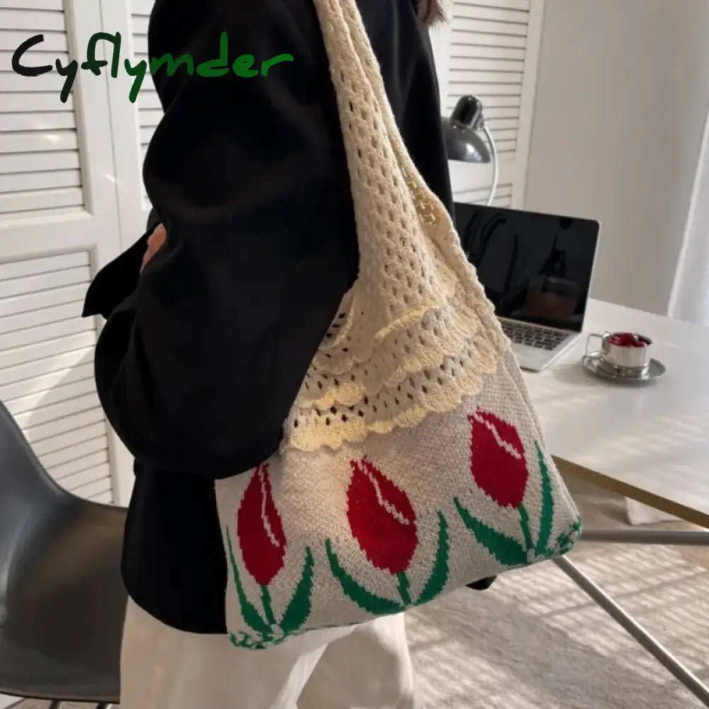 Cyflymder Tulip Knitted Bag Retro Flower Shoulder Woolen Braid Handbag Fashion Art Chic Summer