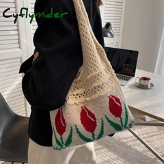 Cyflymder Tulip Knitted Bag Retro Flower Shoulder Woolen Braid Handbag Fashion Art Chic Summer
