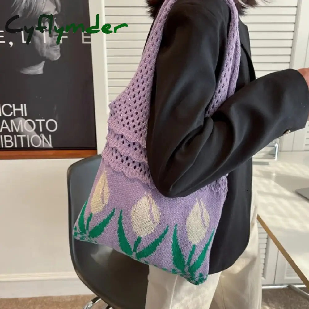 Cyflymder Tulip Knitted Bag Retro Flower Shoulder Woolen Braid Handbag Fashion Art Chic Summer