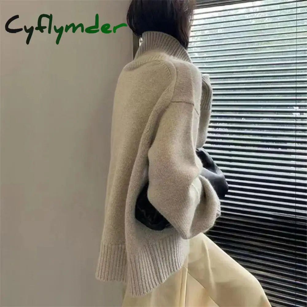 Cyflymder Turtleneck Cashmere Sweater Loose Solid Color Pullover Knitted Wool Long Sleeved Autumn