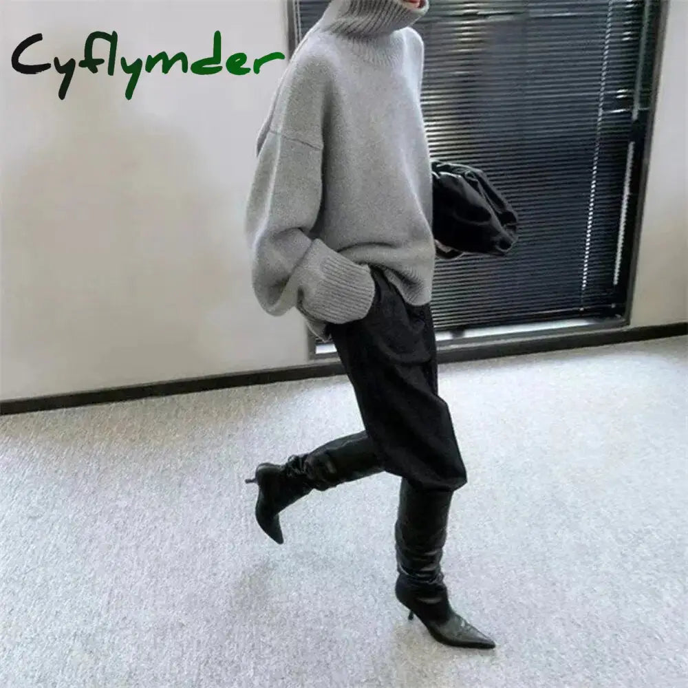 Cyflymder Turtleneck Cashmere Sweater Loose Solid Color Pullover Knitted Wool Long Sleeved Autumn