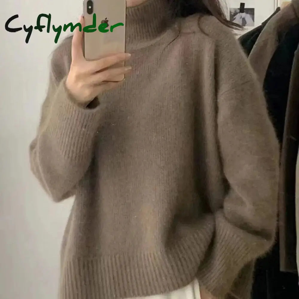 Cyflymder Turtleneck Cashmere Sweater Loose Solid Color Pullover Knitted Wool Long Sleeved Autumn