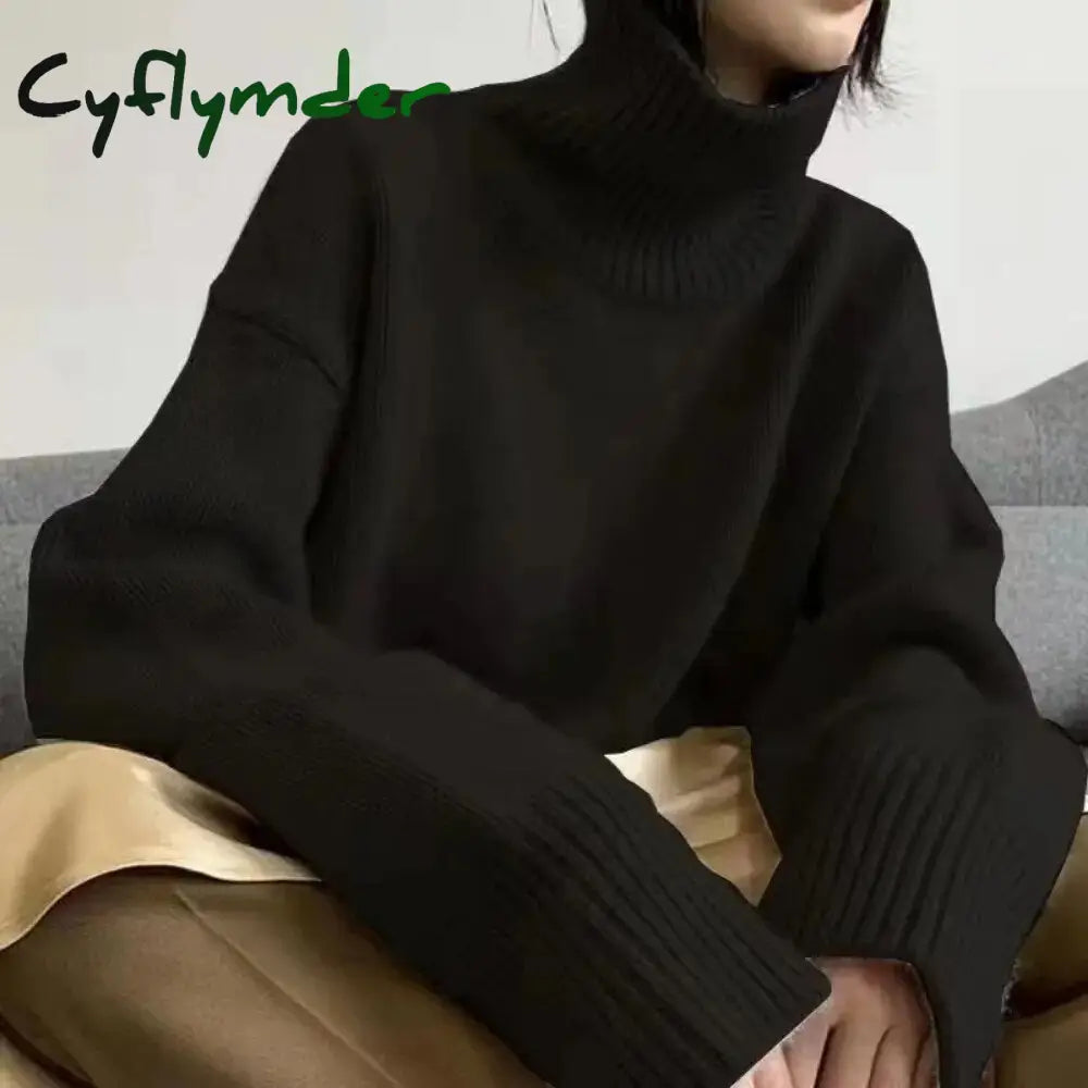 Cyflymder Turtleneck Cashmere Sweater Loose Solid Color Pullover Knitted Wool Long Sleeved Autumn