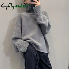 Cyflymder Turtleneck Cashmere Sweater Loose Solid Color Pullover Knitted Wool Long Sleeved Autumn