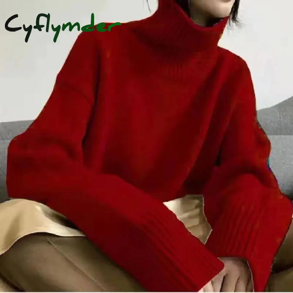 Cyflymder Turtleneck Cashmere Sweater Loose Solid Color Pullover Knitted Wool Long Sleeved Autumn