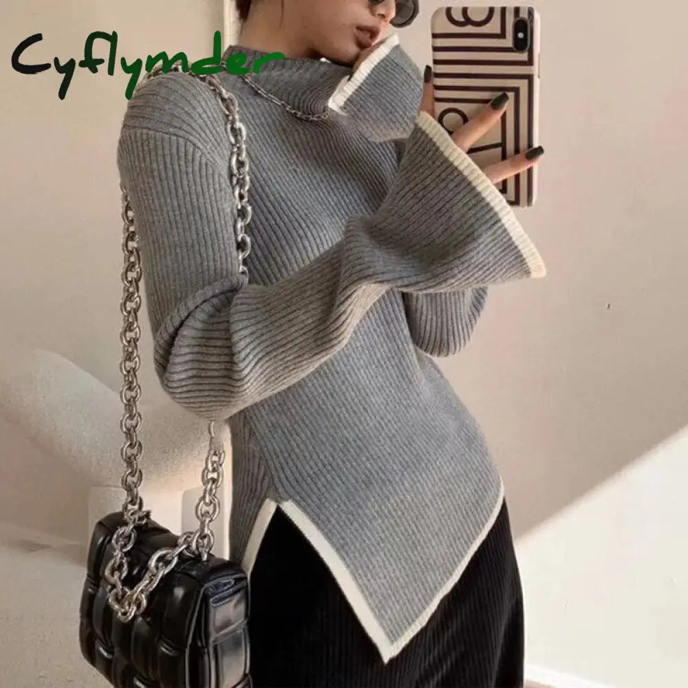 Cyflymder Turtleneck Side Slit Pullover Contrasting Colors Autumn Winter Women Style Top