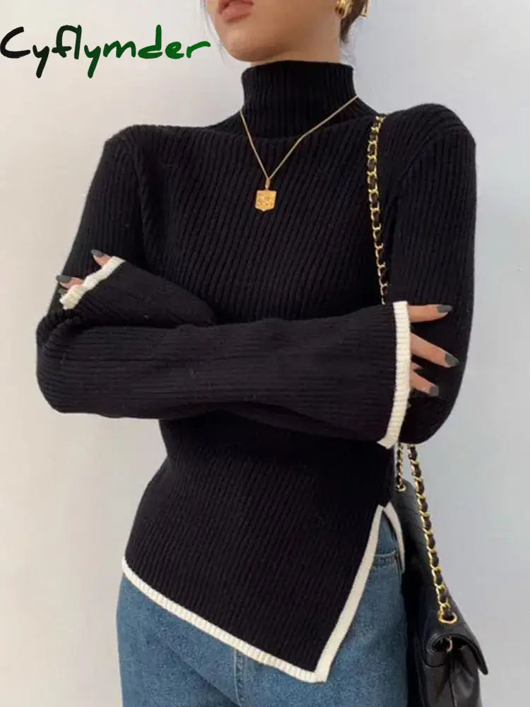 Cyflymder Turtleneck Side Slit Pullover Contrasting Colors Autumn Winter Women Style Top