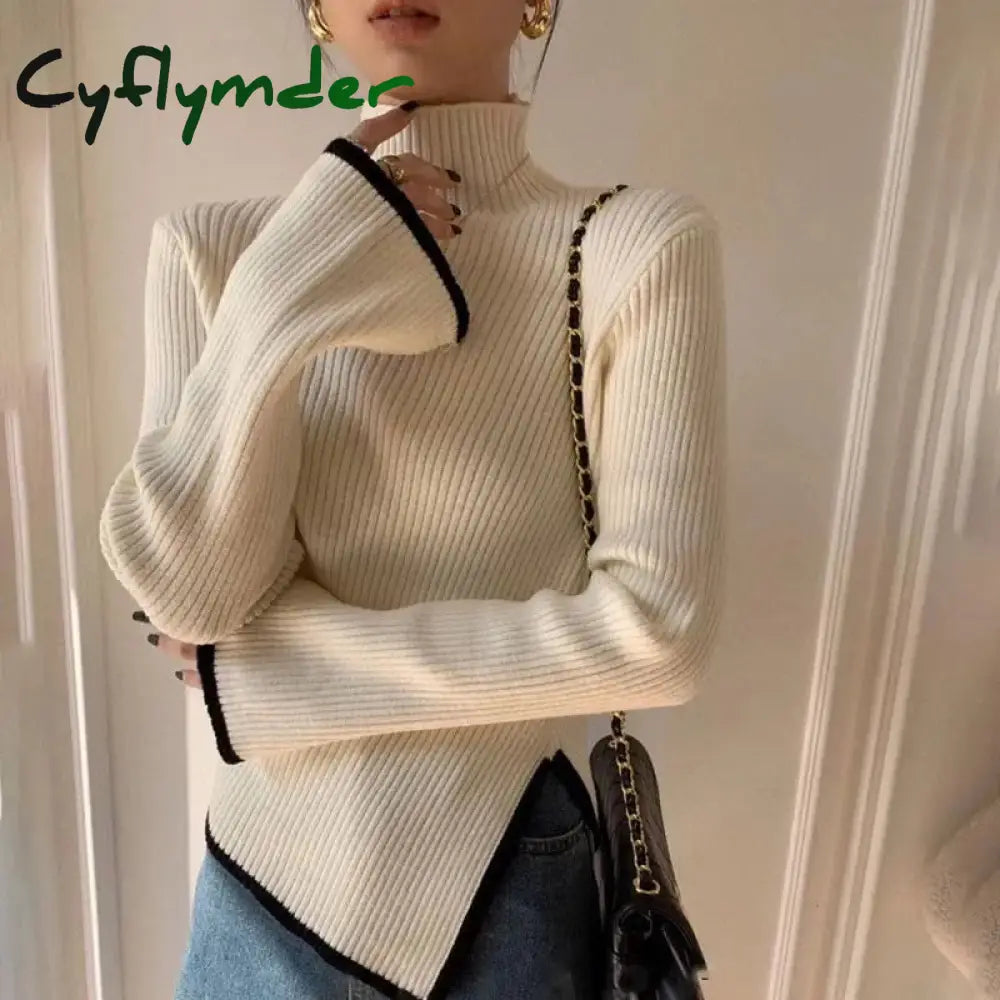 Cyflymder Turtleneck Side Slit Pullover Contrasting Colors Autumn Winter Women Style Top