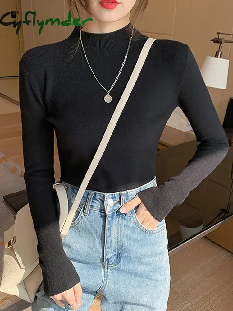 Cyflymder Turtleneck Sweater Women Fashion 2024 New Stretch Tops Knitted Pullovers Long Sleeve