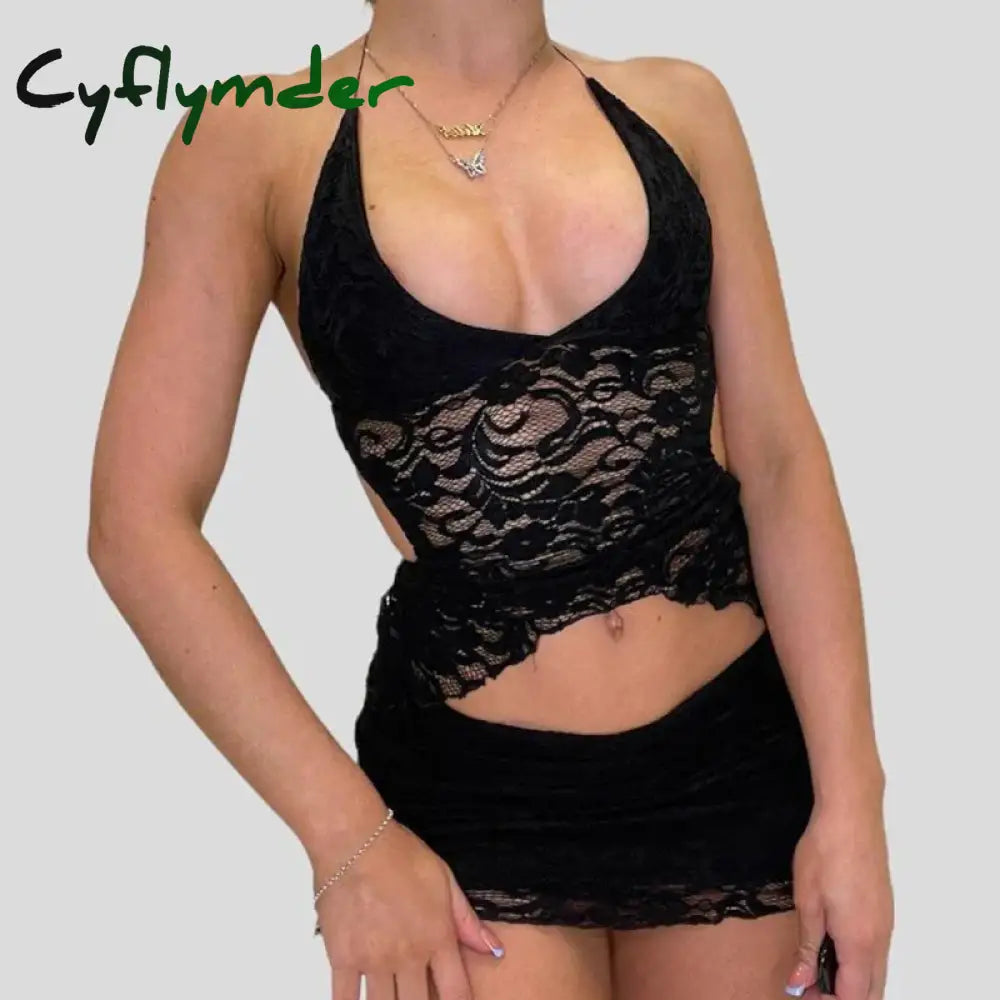 Cyflymder Two Piece Set Chic Women V Neck Halter Camis Tops Sexy Chest Wrap Backless Tie Up Bandage