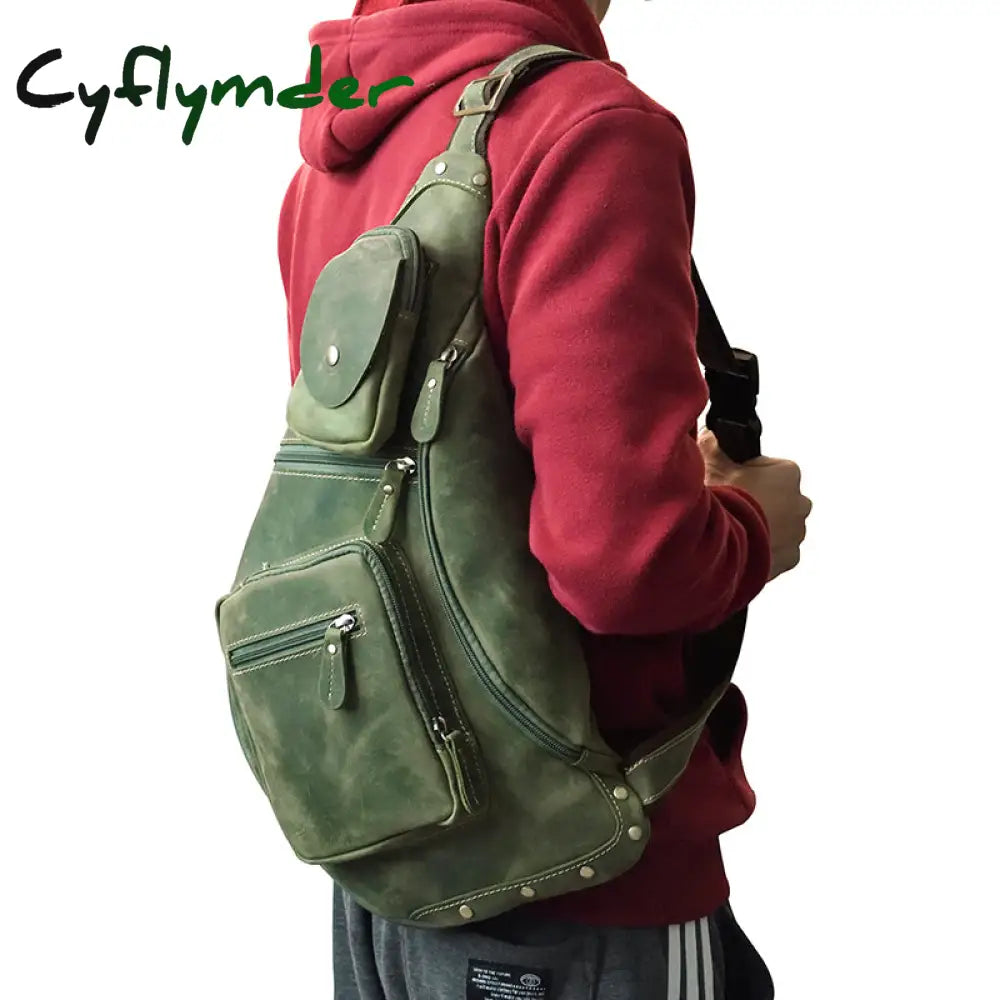 Cyflymder Unique Men’s Crazy Horse Leather Chest Bag Real Cowhide Ipad Mini Male Single Shoulder