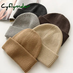 Cyflymder Unisex Large Size Winter Real Wool Knitted Beanies for Women Fashion Solid Warm Cashmere Wool Skullies