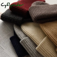 Cyflymder Unisex Large Size Winter Real Wool Knitted Beanies for Women Fashion Solid Warm Cashmere Wool Skullies