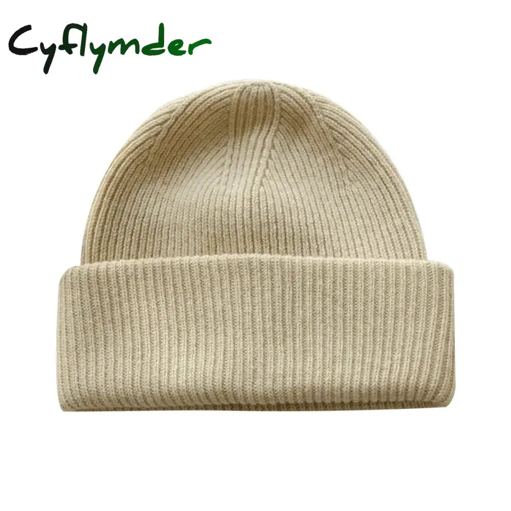 Cyflymder Unisex Large Size Winter Real Wool Knitted Beanies for Women Fashion Solid Warm Cashmere Wool Skullies