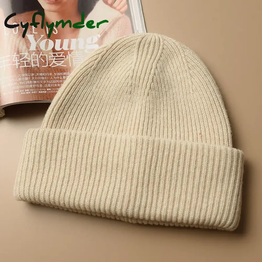 Cyflymder Unisex Large Size Winter Real Wool Knitted Beanies for Women Fashion Solid Warm Cashmere Wool Skullies