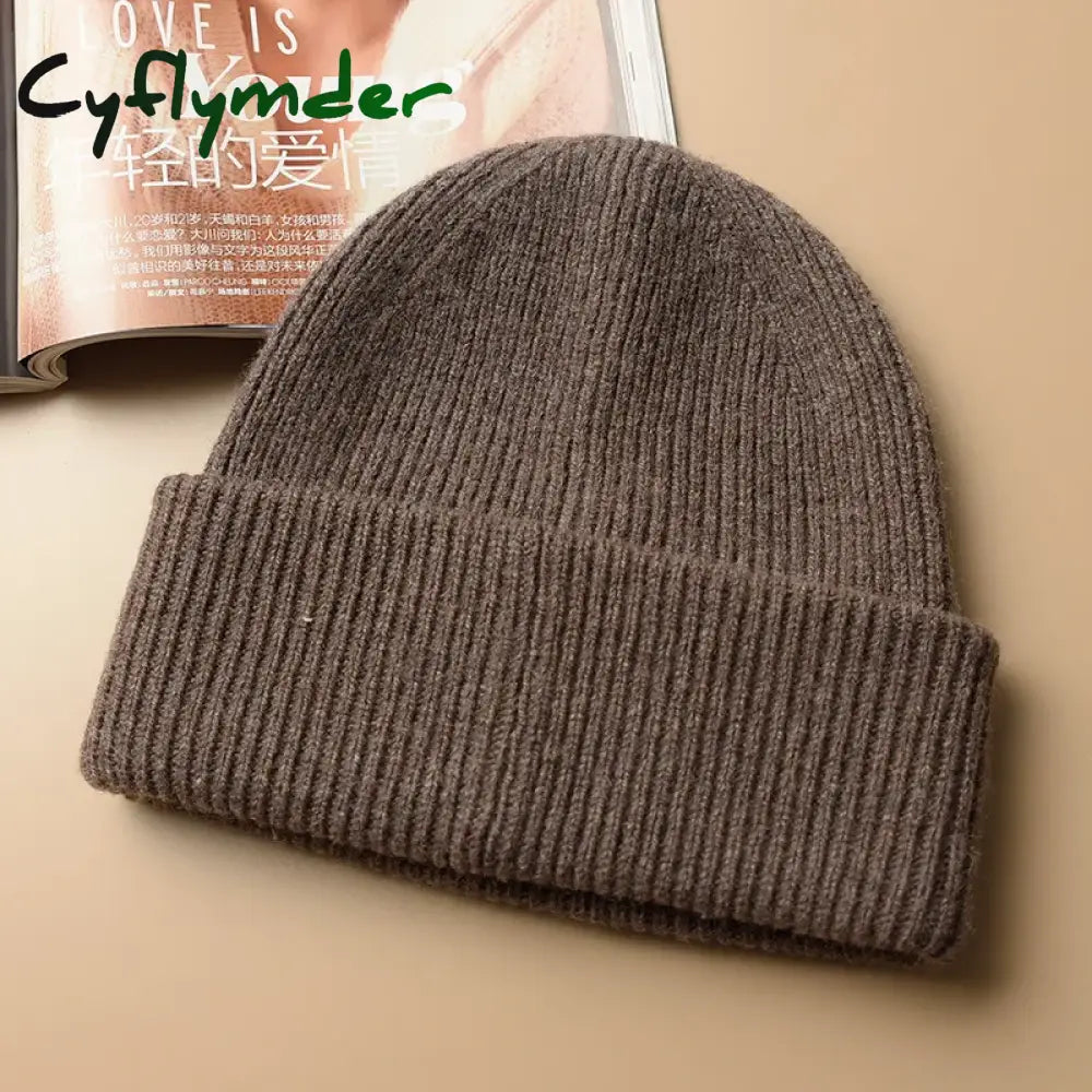 Cyflymder Unisex Large Size Winter Real Wool Knitted Beanies for Women Fashion Solid Warm Cashmere Wool Skullies