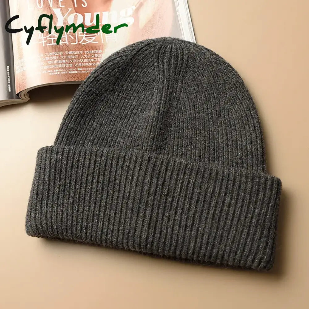 Cyflymder Unisex Large Size Winter Real Wool Knitted Beanies for Women Fashion Solid Warm Cashmere Wool Skullies