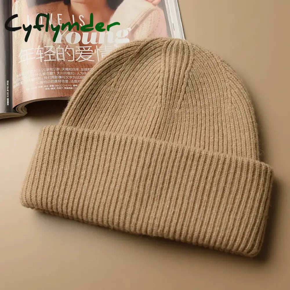Cyflymder Unisex Large Size Winter Real Wool Knitted Beanies for Women Fashion Solid Warm Cashmere Wool Skullies