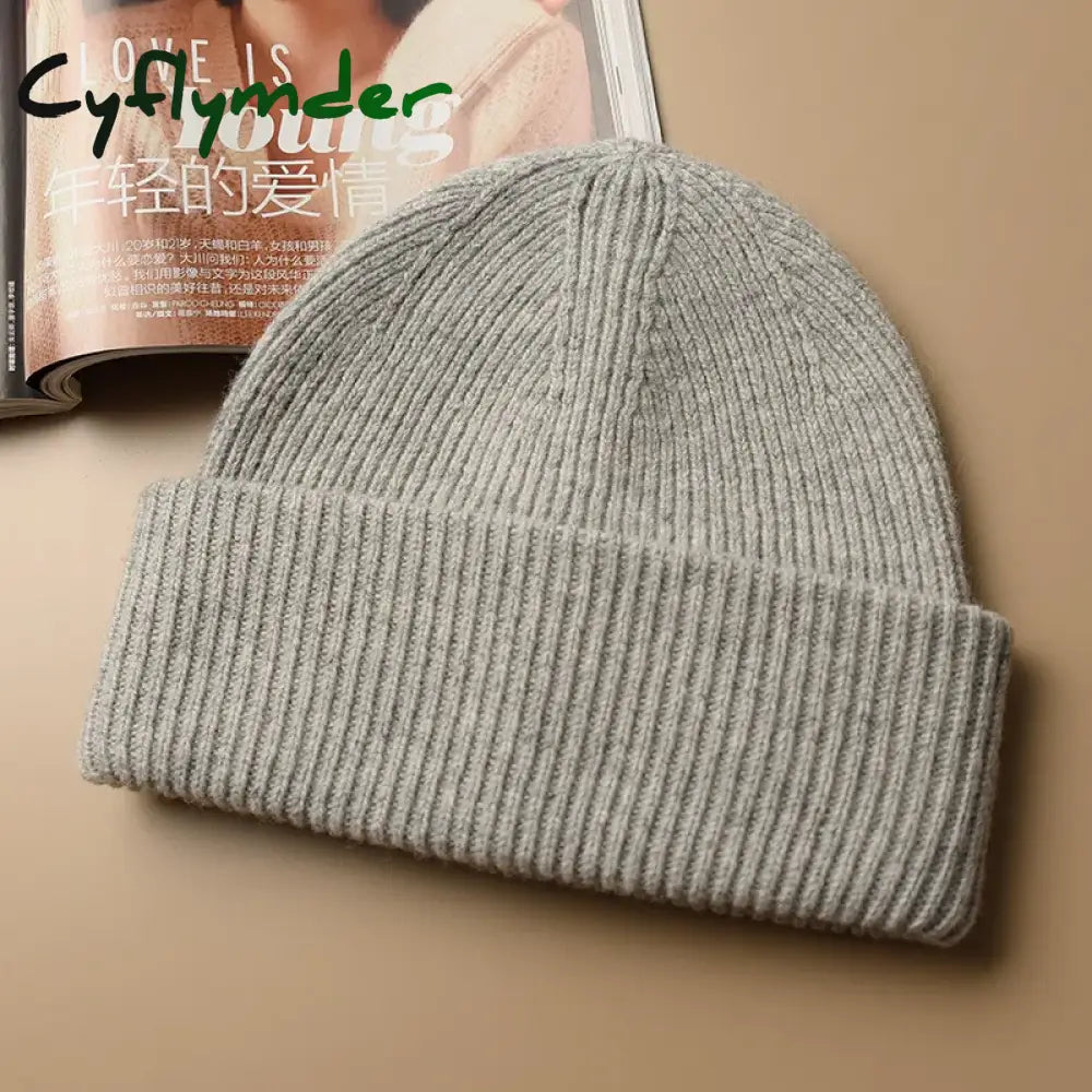 Cyflymder Unisex Large Size Winter Real Wool Knitted Beanies for Women Fashion Solid Warm Cashmere Wool Skullies