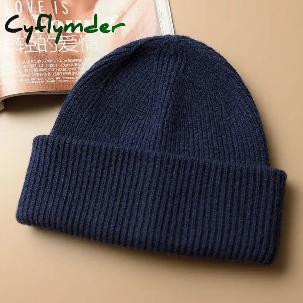 Cyflymder Unisex Large Size Winter Real Wool Knitted Beanies for Women Fashion Solid Warm Cashmere Wool Skullies
