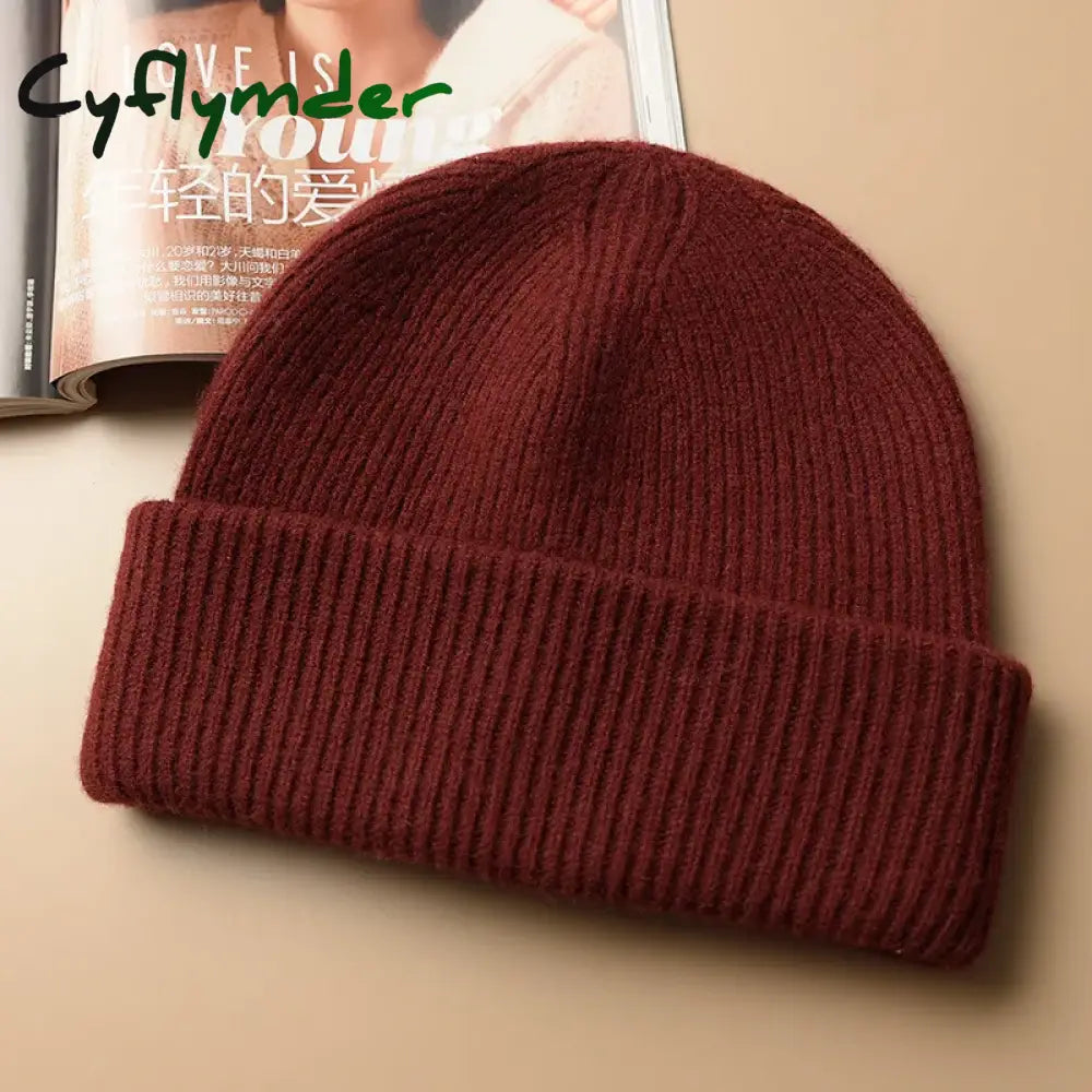 Cyflymder Unisex Large Size Winter Real Wool Knitted Beanies for Women Fashion Solid Warm Cashmere Wool Skullies