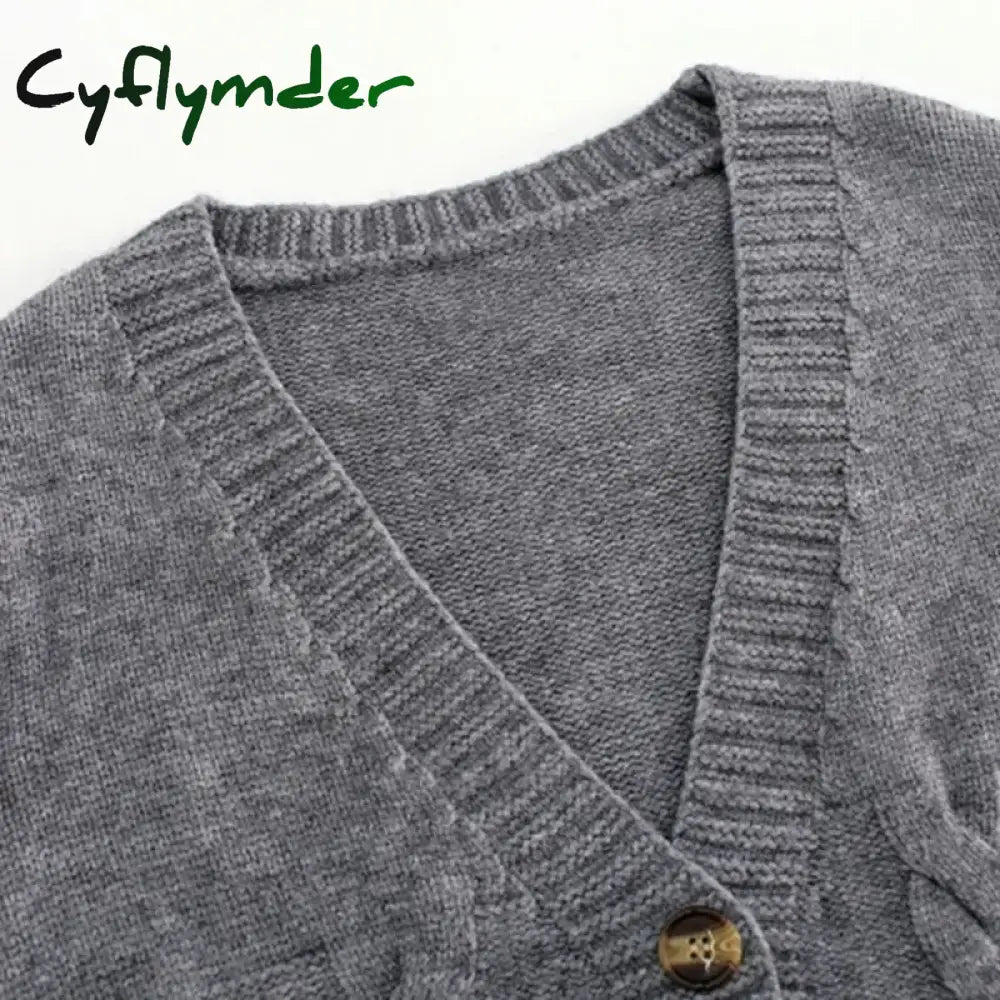 Cyflymder V Neck Cropped Cardigan Women Long Sleeve Twist Knitted Sweater Coats Autumn Winter Keep Warm Korean Fashion