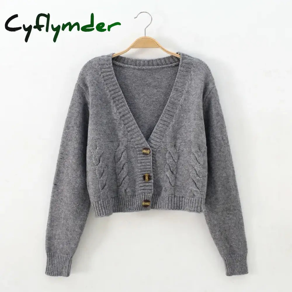 Cyflymder V Neck Cropped Cardigan Women Long Sleeve Twist Knitted Sweater Coats Autumn Winter Keep Warm Korean Fashion