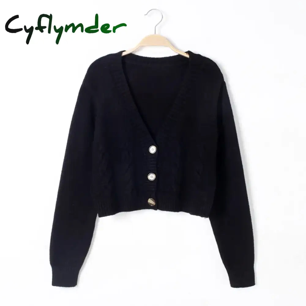 Cyflymder V Neck Cropped Cardigan Women Long Sleeve Twist Knitted Sweater Coats Autumn Winter Keep Warm Korean Fashion