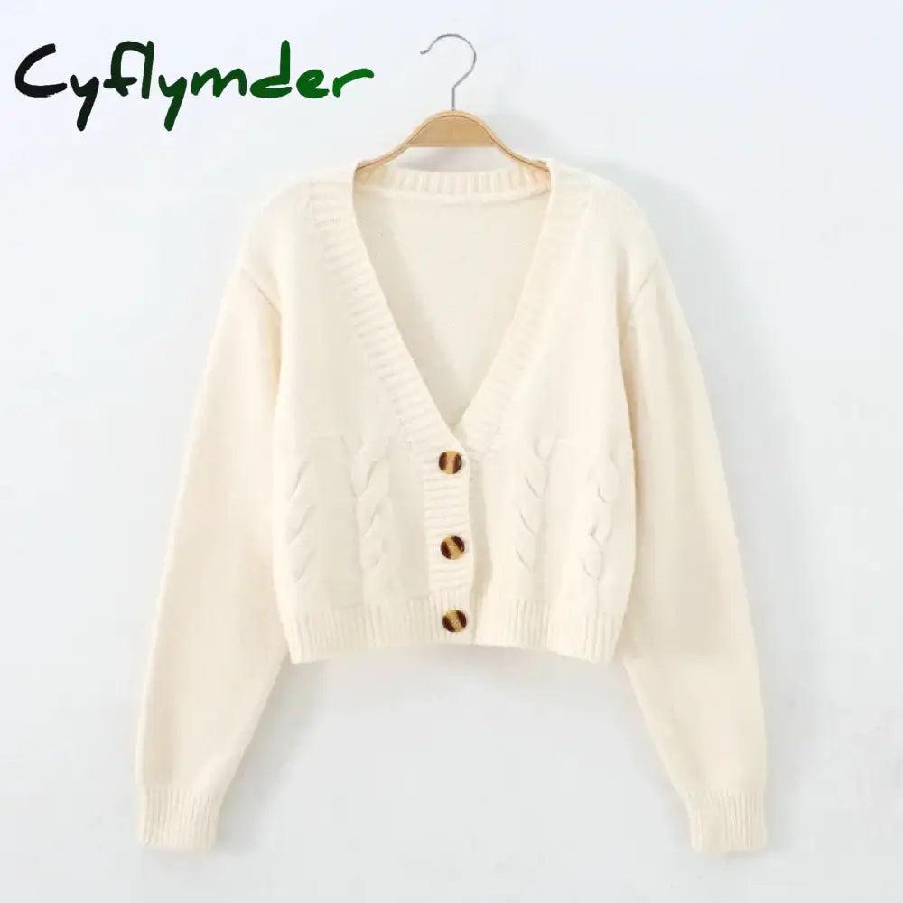 Cyflymder V Neck Cropped Cardigan Women Long Sleeve Twist Knitted Sweater Coats Autumn Winter Keep Warm Korean Fashion