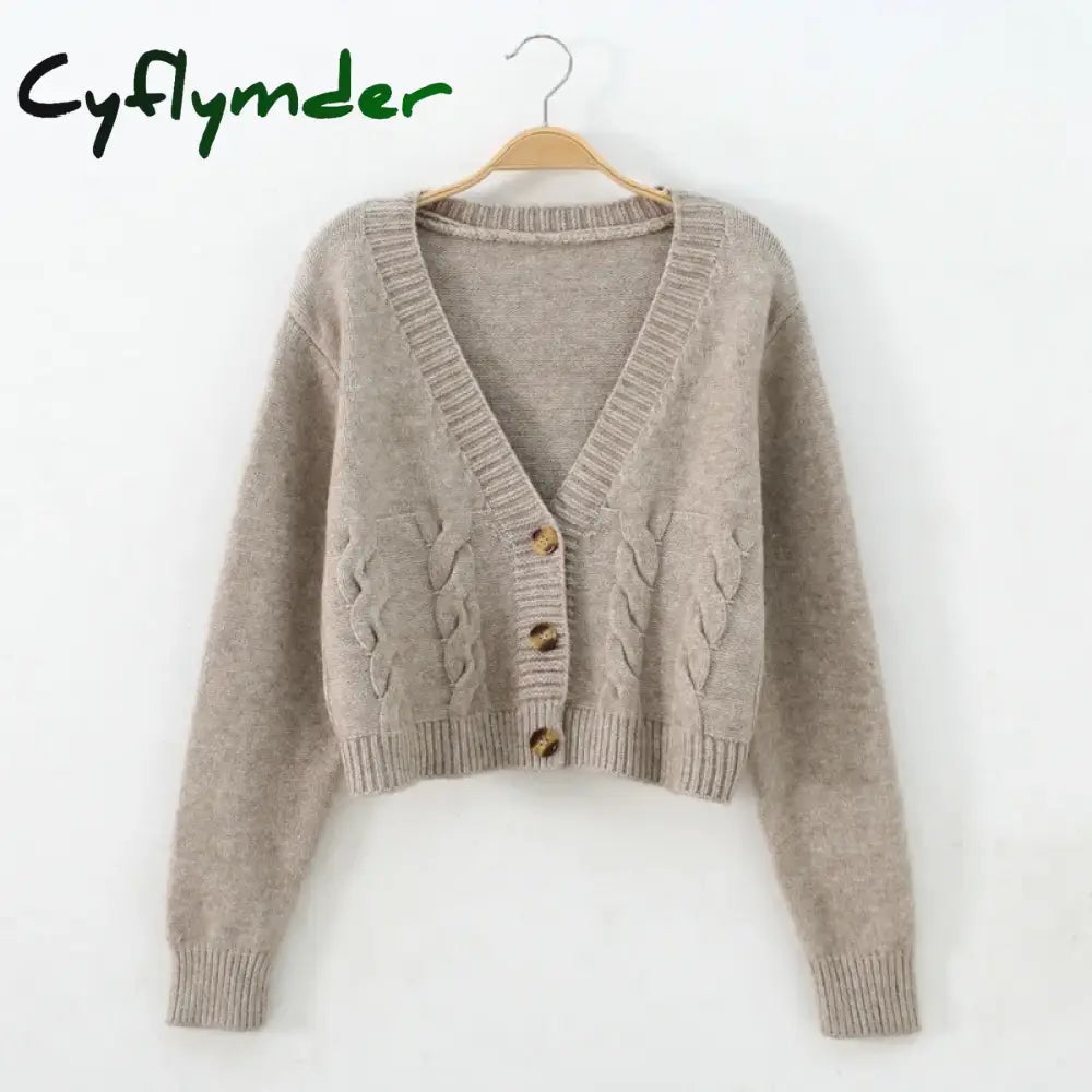 Cyflymder V Neck Cropped Cardigan Women Long Sleeve Twist Knitted Sweater Coats Autumn Winter Keep Warm Korean Fashion