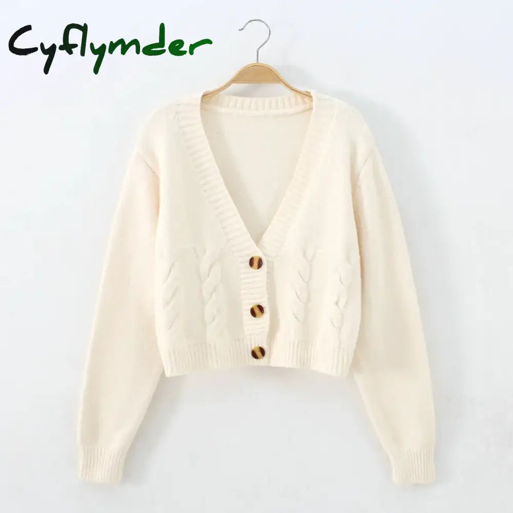 Cyflymder V Neck Cropped Cardigan Women Long Sleeve Twist Knitted Sweater Coats Autumn Winter Keep Warm Korean Fashion