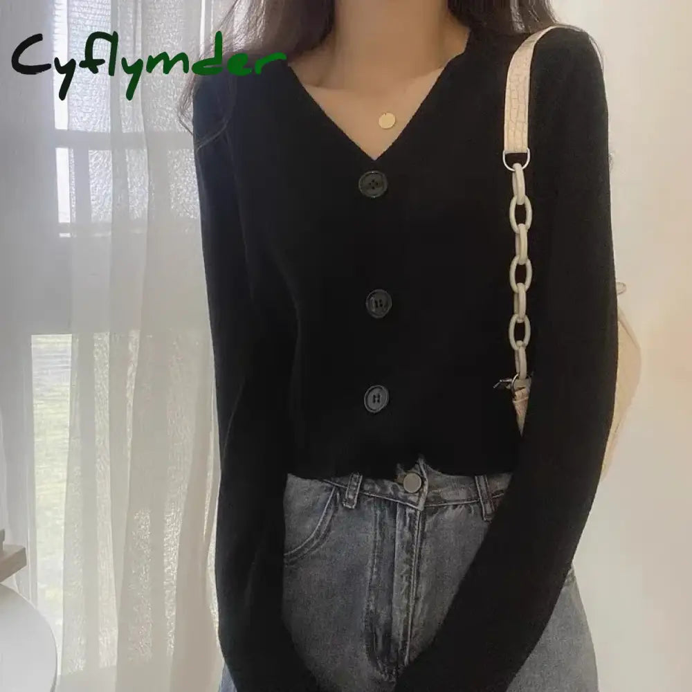 Cyflymder V Neck Cropped Cardigan Women Long Sleeve Twist Knitted Sweater Coats Autumn Winter Keep Warm Korean Fashion