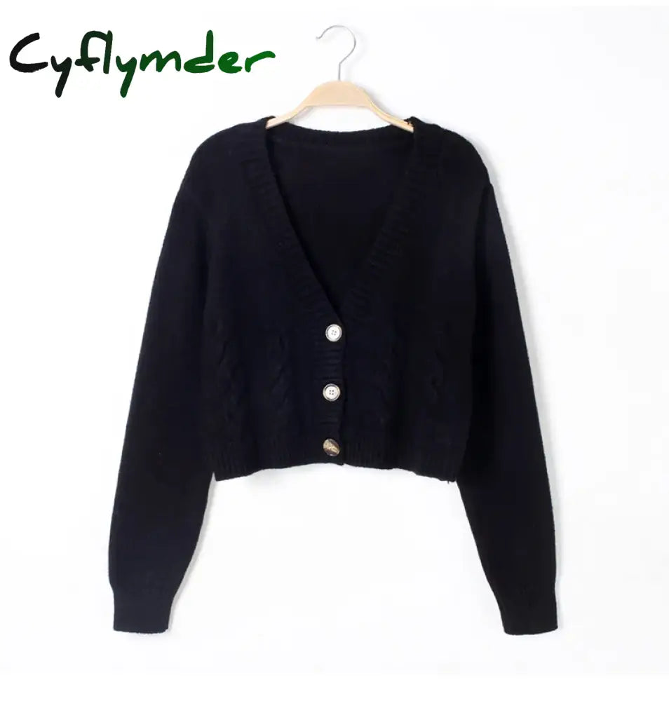 Cyflymder V Neck Cropped Cardigan Women Long Sleeve Twist Knitted Sweater Coats Autumn Winter Keep Warm Korean Fashion