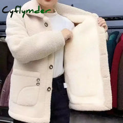 Cyflymder Velvet Thickened Lamb Fleece Long Sleeve Autumn/Winter Mid Length Coat Warm For Women