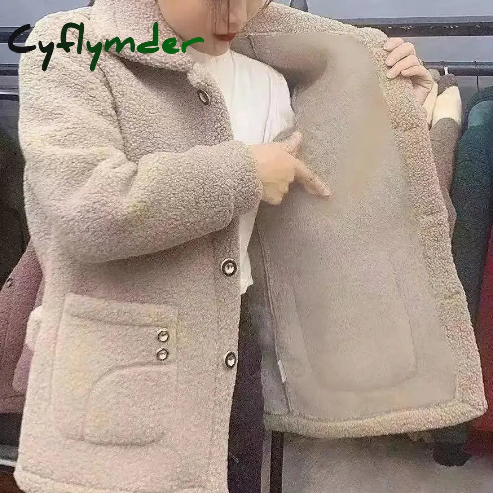 Cyflymder Velvet Thickened Lamb Fleece Long Sleeve Autumn/Winter Mid Length Coat Warm For Women