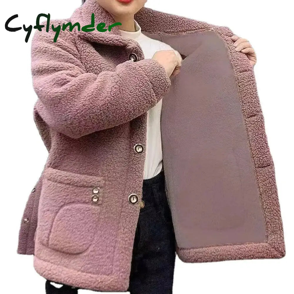 Cyflymder Velvet Thickened Lamb Fleece Long Sleeve Autumn/Winter Mid Length Coat Warm For Women