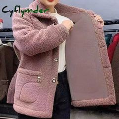 Cyflymder Velvet Thickened Lamb Fleece Long Sleeve Autumn/Winter Mid Length Coat Warm For Women