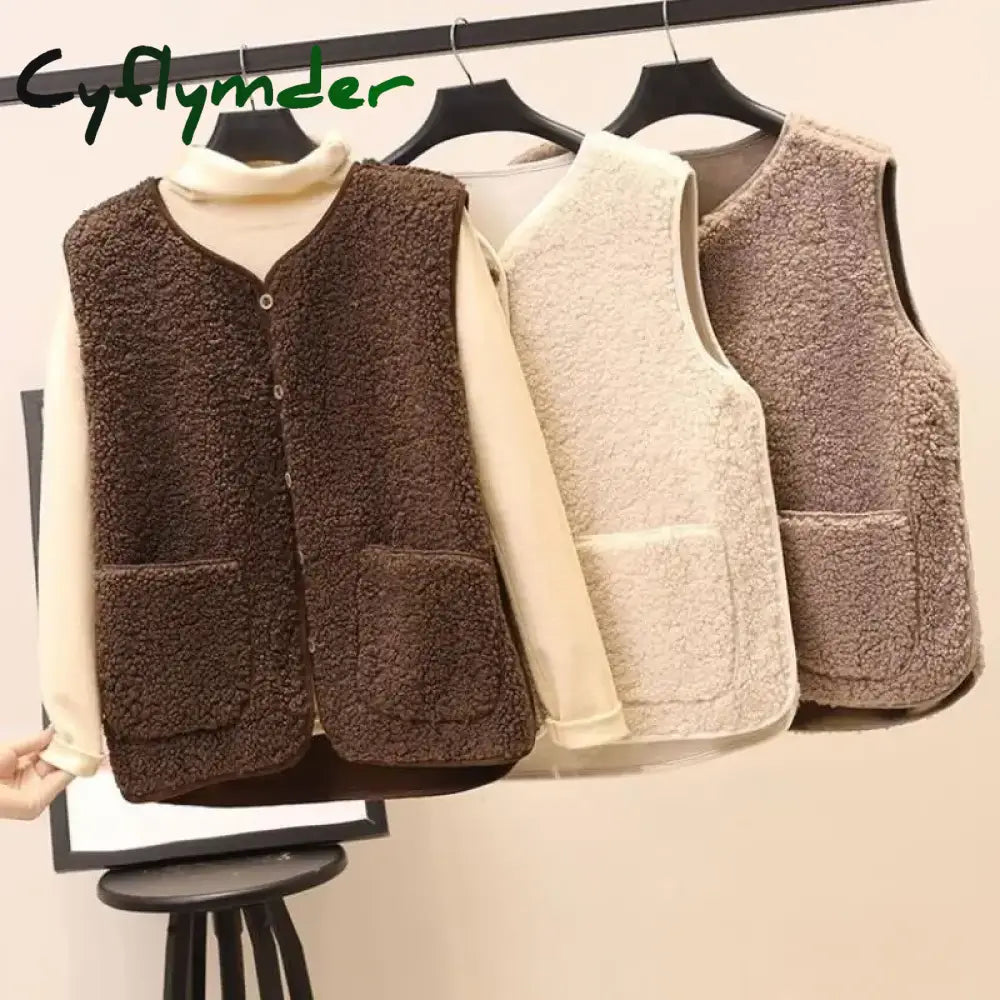 Cyflymder Vests New Spring Autumn Women Button Waistcoat Lamb Hair Winter Thermal Warm Thick Fleece