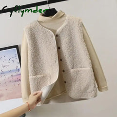 Cyflymder Vests New Spring Autumn Women Button Waistcoat Lamb Hair Winter Thermal Warm Thick Fleece