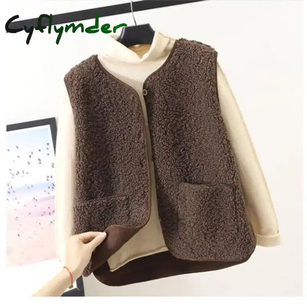 Cyflymder Vests New Spring Autumn Women Button Waistcoat Lamb Hair Winter Thermal Warm Thick Fleece