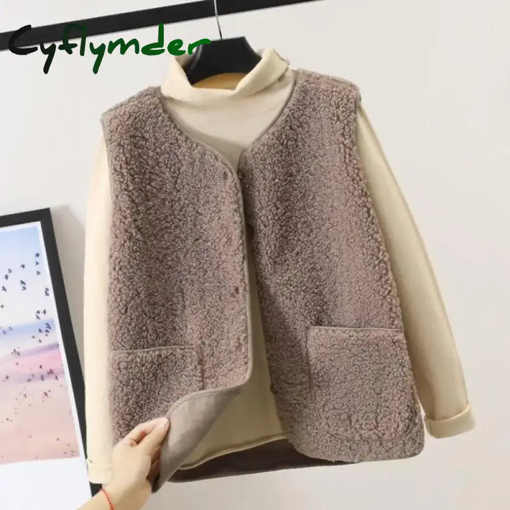 Cyflymder Vests New Spring Autumn Women Button Waistcoat Lamb Hair Winter Thermal Warm Thick Fleece