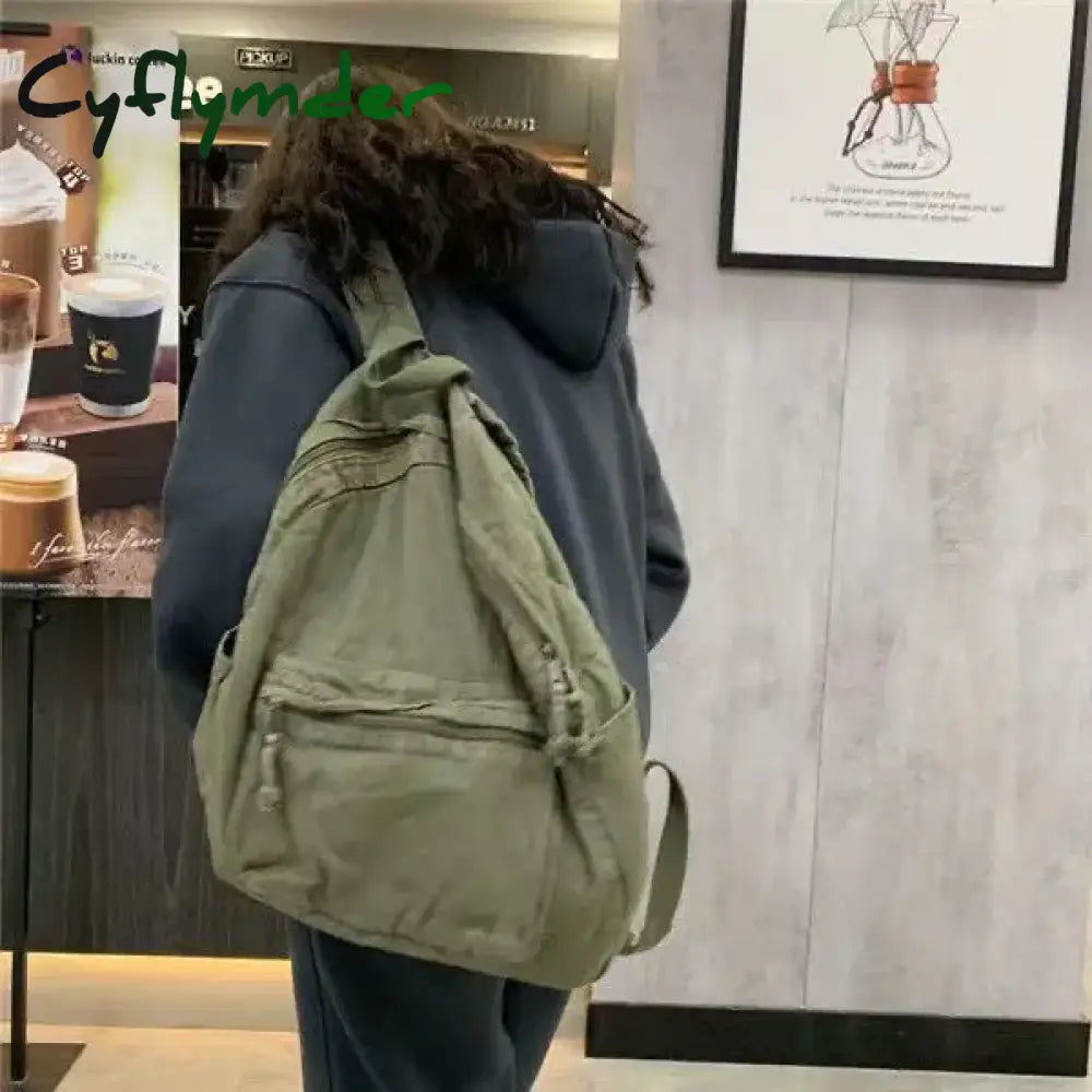 Cyflymder Vintage Backpack for Women Canvas Women Rucksack Zipper Casual Medium-Capacity Preppy Style Female Bag Green