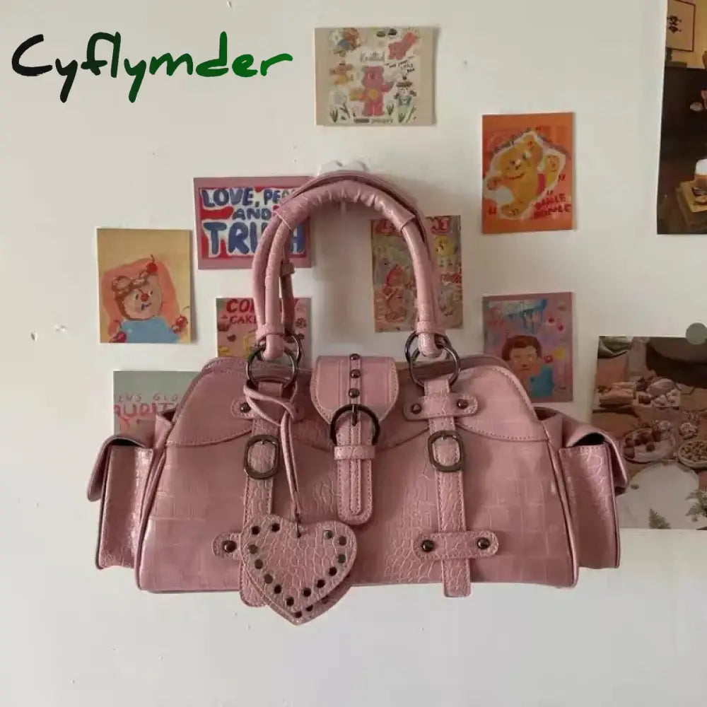 Cyflymder Vintage Biker Shoulder Bag Y2K Hippie American Street Style Heart Rivets Pink Handbag New