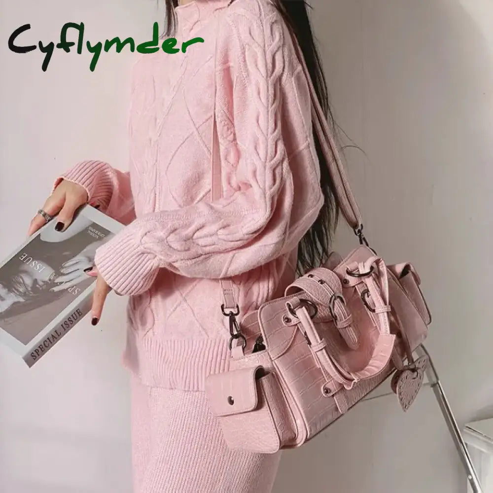 Cyflymder Vintage Biker Shoulder Bag Y2K Hippie American Street Style Heart Rivets Pink Handbag New